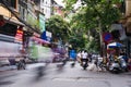 HANOI, VIETNAM - MAY 24, 2017: Hanoi old quarter busy traffic sc Royalty Free Stock Photo