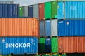 Hanoi, Vietnam - May 2019: Sea freight containers stacked on top of each other
