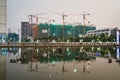 Hanoi, Vietnam - May 10, 2016: Under construction buildings with reflection in twilight period at Times City, Minh Khai street