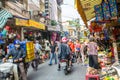 Busy local daily life of the morning street market in Hanoi, Vietnam. A busy crowd of sellers and buyers in the market. Royalty Free Stock Photo