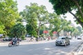 View of busy traffic with motorbikes ,trishaws and vehicles in Hanoi Old Quarter, capital of Vietnam. Royalty Free Stock Photo