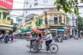 View of busy traffic with motorbikes and vehicles in Hanoi Old Quarter, capital of Vietnam. Royalty Free Stock Photo