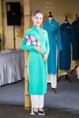 Hanoi, Vietnam - Oct 15, 2016: Vietnam Airlines air hostess mannequin wearing uniform at Ao Dai festival on Hoang Dieu street