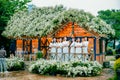 HANOI, VIETNAM - October 25, 2020: A Vietnamese flower house is a white chrysanthemum flower in the garden.