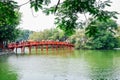 Hoan Kiem lake and Den ngoc son temple bridge in Hanoi, Vietnam Royalty Free Stock Photo