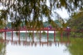 Hanoi, Vietnam - October 21, 2019 : Hanoi red bridge. The wooden red painted bridge over the Hoan Kiem Lake connects the shore and