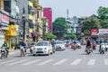 View of busy traffic with motorbikes and vehicles in Hanoi Old Quarter, capital of Vietnam. Royalty Free Stock Photo