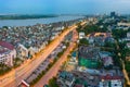 Hanoi, Vietnam - Sep 19, 2015: Aerial skyline view of Nguyen Khoai street with Vinh Tuy bridge crossing Red River on background. H Royalty Free Stock Photo