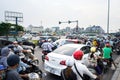 Hanoi, Vietnam - Sep 4, 2016: Cars and motorcycles stuck at traffic jam, rush hour in Co Linh street, Long Bien district Royalty Free Stock Photo