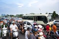 Hanoi, Vietnam - Sep 4, 2016: Cars and motorcycles stuck at traffic jam, rush hour in Co Linh street, Long Bien district Royalty Free Stock Photo