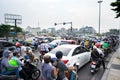 Hanoi, Vietnam - Sep 4, 2016: Cars and motorcycles stuck at traffic jam, rush hour in Co Linh street, Long Bien district Royalty Free Stock Photo