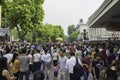 Hanoi, Vietnam - Sep 2, 2015: Crowded people on intersection by Hoan Kiem lake watching military parade on National Day