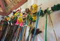 Hanoi, Vietnam - Sep 20, 2015: Instruments for controlling puppet behind stage of Vietnamese water puppetry in ward village water