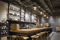 Hanoi, Vietnam - Sep 17 2017 : Starbucks coffee shop interior black and brown of wood retro style