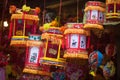 Hanoi / Vietnam - Sept. 1 2020: Traditional market sells colorful lanterns with different shapes, lion heads, drums... for the mid