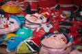 Hanoi / Vietnam - Sept. 1 2020: Traditional market sells colorful lanterns with different shapes, lion heads, drums... for the mid