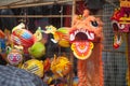 Hanoi / Vietnam - Sept. 1 2020: Traditional market sells colorful lanterns with different shapes, lion heads, drums... for the mid