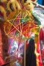 Hanoi / Vietnam - Sept. 1 2020: Traditional market sells colorful lanterns with different shapes, lion heads, drums... for the mid