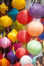 Hanoi / Vietnam - Sept. 1 2020: Traditional market sells colorful lanterns with different shapes, lion heads, drums... for the mid