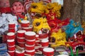 Hanoi / Vietnam - Sept. 1 2020: Traditional market sells colorful lanterns with different shapes, lion heads, drums... for the mid