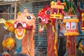 Hanoi / Vietnam - Sept. 1 2020: Traditional market sells colorful lanterns with different shapes, lion heads, drums... for the mid