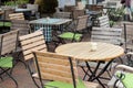 Hanover, Lower Saxony, Germany, May 19, 2018: Unoccupied chairs and tables in a garden restaurant with table legs and chair legs m Royalty Free Stock Photo