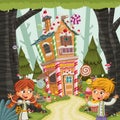 Hansel and Gretel in front of the candy house.