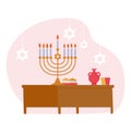 Hanukah Israel Holiday. Room Interior With Served Table For Celebrating Hanukkah, Jewish Festival Of Lights Illustration