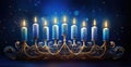 A hanukah menorah with five lit candles.