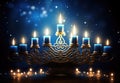 A hanukah menorah with lit candles on a table.