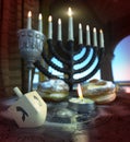 Hanukkah background with candles, donuts, spinning top Royalty Free Stock Photo