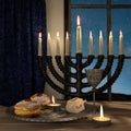 Hanukkah background with candles, donuts, spinning top