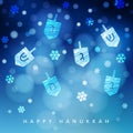 Hanukkah blue background with falling snow, light and dreidels. Modern festive blurred vector illustration for Jewish