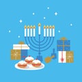 Hanukkah blue background with wooden dreidels, donuts, gift boxes and menorah. Happy Hanukkah, Jewish