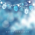 Hanukkah blue greeting card, invitation with string of lights, dreidels and snowflakes. Party decoration. Modern festive