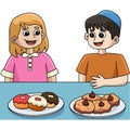 Hanukkah Boy and Girl Feasting Cartoon Clipart Royalty Free Stock Photo