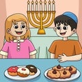 Hanukkah Boy and Girl Feasting Colored Cartoon Royalty Free Stock Photo