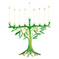 Hanukkah candlestick in the form of intertwining branches of an olive tree with buds. Nine burning festive white candles Royalty Free Stock Photo