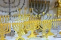 Hanukkah candlesticks on Jerusalem souvenir store, the inscription