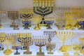 Hanukkah candlesticks on Jerusalem souvenir store, the inscription