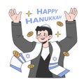 Hanukkah celebrating. Young man or rabbi wearing a kippah. Gathering