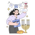 Hanukkah celebrating. Young woman holding a glass of wine and a pesent.