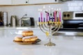 Hanukkah celebration Judaism tradition family religious holiday symbols lighting hanukkiah menorah the candles Royalty Free Stock Photo
