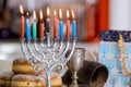 Hanukkah celebration Judaism tradition family religious holiday symbols lighting hanukkiah menorah the candles Royalty Free Stock Photo