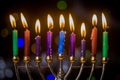 Hanukkah celebration Judaism tradition family religious holiday symbols lighting hanukkiah menorah the candles Royalty Free Stock Photo