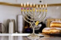 Hanukkah celebration Judaism tradition holiday symbols lighting the candles of the hanukkiah menorah Royalty Free Stock Photo