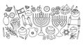 Jewish festival of Hanukkah related items and objects. Collection of hand drawn, vector cartoon illustrations. Royalty Free Stock Photo