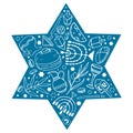 Hanukkah composition. Traditional objects in the star shape form. Hand drawn outline vector sketch illustration