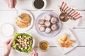 Hanukkah dinner with traditional dishes top view