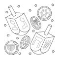 Hanukkah Dreidel and Coins Coloring Page for Kids Royalty Free Stock Photo